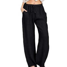 utcoco Women's Cotton Linen Drawstring High Waisted Pants Casual Loose Fit Wide Leg Trousers (M, Black)