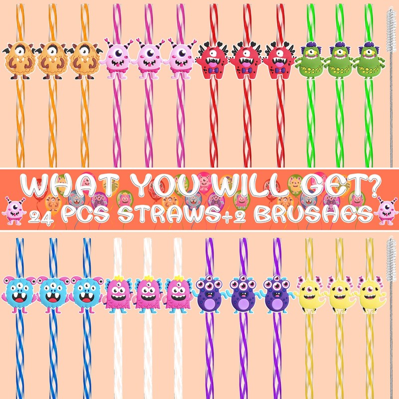 24 Fun Reusable Monster Drinking Straws for Birthday,Halloween Party Favors