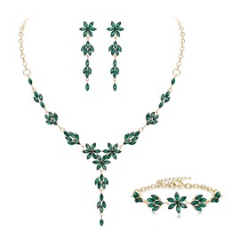 EVER FAITH Beauty Jewelry Set for Women, Marquise Crystal Cluster Flower Wedding Party Necklace Dangle Earrings Bracelet Prom Accessory Green Gold-Tone