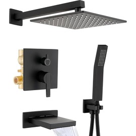 Bathtub Shower System, All Metal Black Shower Faucet Set with Tub Spout, Shower Head with Handheld Spray Combo, Matte Black (Valve Include）