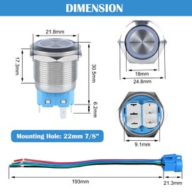 DMWD 2PCS 22MM Latching Push Button Switch Waterproof 12V-24V Ring Led 1NO 1NC Self-Locking On/Off Metal Round 7/8’’ Mounting Hole with Wire Socket Plug(IP66,Red Led)