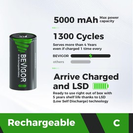 BEVIGOR Rechargeable C Batteries, 5000mAh 1.2V NiMH Precharged C Cell Batteries, Low Self Discharge Recharge up to 1300x Times, 4 Pack