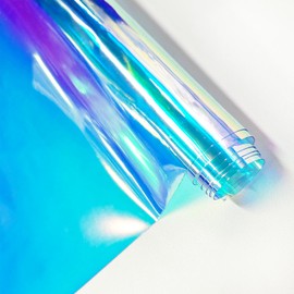 KELUBATU Holographic Clear PVC Fabric, 30 x 135 cm Iridescent Transparent Vinyl Film Waterproof Material for Costumes Decor and DIY Crafts, Blue Iridescent