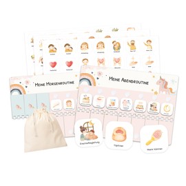 Children's Routine Planner for Morning Routine and Evening Routine - Children's Daily Plan with Velcro Dots and 105 Symbol Cards, Montessori Planner, Routine Aid for Folding (Unicorn)