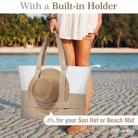 Reiseresa Beach Bag for Women Large Beach Tote with Zip and Hat Holder Strap, Waterproof Swimming Bag, Woven Beige