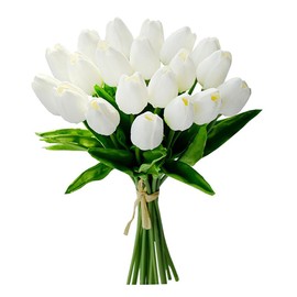 JerryXingjy 20 Pcs White Tulips Artificial Flowers 13.5" PU Real Touch with Faux Mix Tulip Bulbs Silk Bouquet for Mother's Day Wedding Easter Kitchen Decor