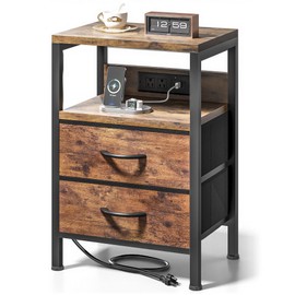 Lazzanto NightStand Bedside Charging Table Bedroom - Brown Night Stand with Charger Station, Modern Bed Side End Table with Open Shelf & 2 Fabric Drawers, USB-C Port for Dorm, Living Room