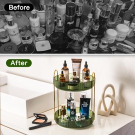 TninVing 360 Rotating Makeup Organizer,2 Tier Large Capacity Skincare Organizer, Bathroom Countertop Storage Organizer, Perfume Organizer (2-Green)