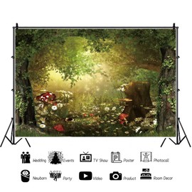 Fairy Tale Forest Wonderland Backdrops for Photography Vinyl 10x8ft Green Trees Wildflowers Daisy Mushroom Scenery Photo Background Portrait Kid Boy Girl Photoshoot Studio Prop Party Decor