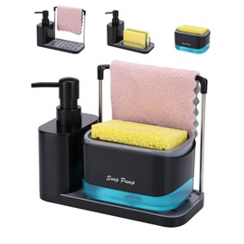 GINZER Dish Soap Dispenser Kitchen Set,4-in-1 Kitchen Cleaning Tool Organizer, Dish and Hand Soap Dispenser for Kitchen Equipped with Sponge and Dishcloth Holder, Kitchen Sponge Holder-Black