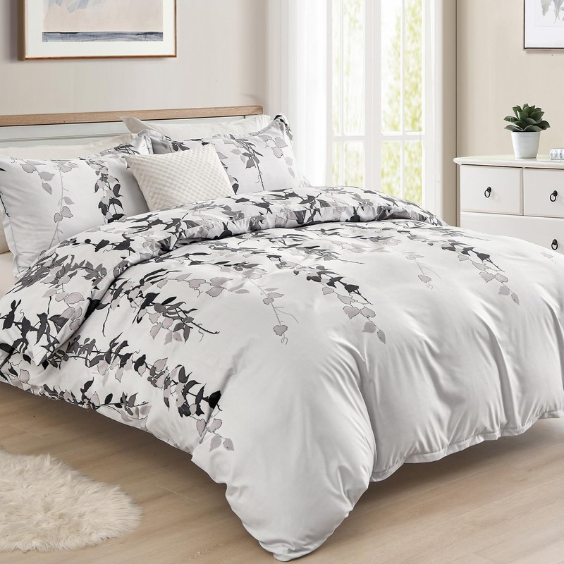 Double Duvet Set Botanical Grey Bedding Set Polyester Breathable Stylish