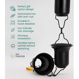 OUT ESSENTIALS Black Rain Chain for Gutters for Heavy Rain with Gutter Adapter, 8.5 Ft Decorative Rain Catcher Chain for Outside, Black Powder‑Coated Rust‑Resistant