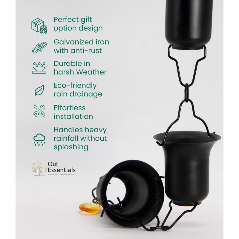 OUT ESSENTIALS Black Rain Chain for Gutters for Heavy Rain