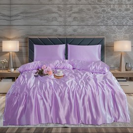 WEAVERS: Luxurious 3-Piece Silky Satin Duvet Cover Set. Reversible Zippered Duvet Cover with a Pair of Pillowcases. (Size Double, Colour Lilac)