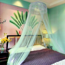 Eimilaly Lace Bed Canopy Mosquito Netting with Warm Lights, Princess Bed Canopy for Girls Room Decor, Green/Single Door