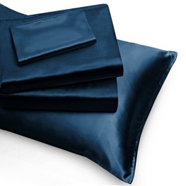 NSGZ 3 Pieces Satin Sheets Twin XL, Silky Satin Bed Sheet Set with 1 Fitted Sheet, 1 Flat Sheet and 1 Pillowcase, Cooling Bed Sheets, Extra Soft Satin Fitted Sheet Set Satin Bedding Sheets, Dark Blue