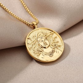 SEKDAQ Medusa Gorgon Artermis 18K Gold-Plated Necklace, Greek Mythology Necklace, Gold Medal Queen Necklace for Women, Metal, Agate