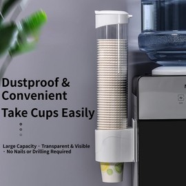 2 Pack Cup Dispensers - Disposable Paper Cup Holder for Water Cooler, Wall Mounted and No Drilling, Automatic Pull Design, Disposable Cups Organizer for Office, Kitchen, Home (White)