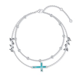 Genuine Turquoise Cross Bracelet with Leaf, Sterling Silver Summer Beach Dainty Bohemia Nature Gemstone Jewelry for Women, 7+2''