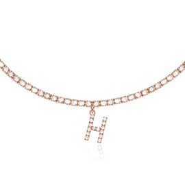 Rose Gold Initial Necklaces for Women, 14K Rose Gold Plated Tennis Chain Necklace Cubic Zirconia Initial Tennis Necklace, Bling CZ Letter Tennis Necklace for Women Initial H Necklace
