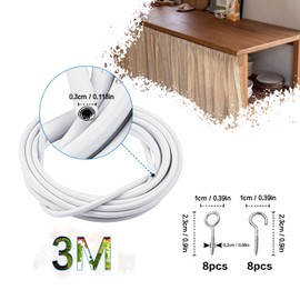 SWTYExt Curtain Rope 3 m Curtain Wire Curtain Rope Curtain Wire Curtain Rope Plastic Coated Curtain Rope Tension System with 8 Pairs Hooks Screw Eyelets for Net Curtain Shower Curtains DIY