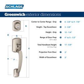 Schlage F60 GRW 619 DEL RH Greenwich Front Entry Handleset with Right Handed Delfayo Door Lever, Deadbolt Keyed 1 Side, Satin Nickel