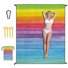 HDhuiun Beach Blanket Waterproof Sandproof Extra Large Outdoor Picnic Mat (86.6”x70.9”), Quick Dry Lightweight Camping, Travel & Beach Gear, Portable w/Anchors & Carry Bag for Family (Rainbow)