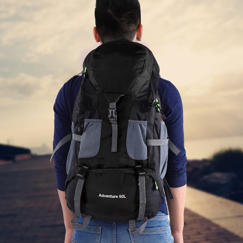 50L Waterproof Bag Camping Climbing Outdoor Travel Hiking Backpack Black