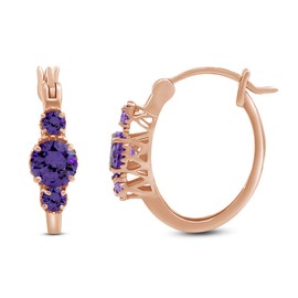 14k Rose Gold Over Sterling Silver Round Cut Simulated Amethyst In 3 Stone Twisted Hoop Earrings