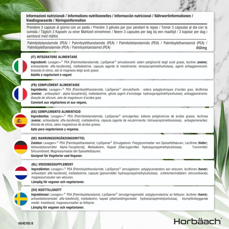 Horb?ach Palmitoylethanolamide Pea 450mg | Levagen Plus Pea | 90