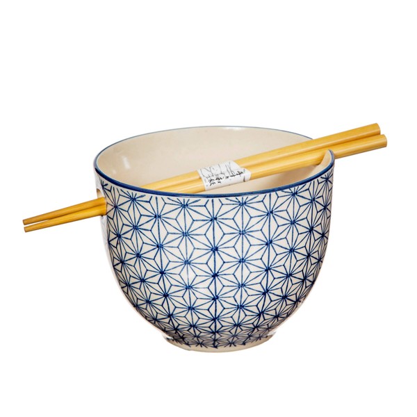 Sass and Belle Sashiko Pattern Noodle Bowl with Chopsticks