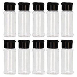 Pack of 10 Pepper Shakers, Spice Bottles with Hinged Lid, Spice Bottles with Transparent Base, Spice Dispensing Bottles, Plastic Storage Jars, Refillable Spice Bottles