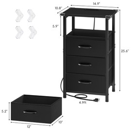 Vagusicc Night Stand Set 2 with Charging Station, LED Nightstand for Bedroom, Bedside Table with 3 Fabric Drawers, End Table Side Table with USB Ports & Outlets, Bed Side Table for Bedroom, Black