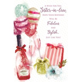 Sister-in-Law Birthday Card - Champagne Balloons with Glitter and Foil 9x6"