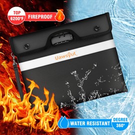 6200℉ Fireproof Document Bag with Lock, Portable Money Bag with Zipper Closure, Water Resistant Envelope with Reflective Strip for A4 Letter, Tablet, Valuables, Cash and Passport (14.3"x11.2", Black)