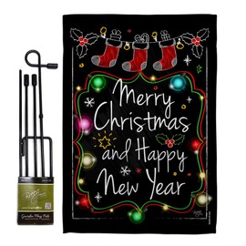 Breeze Decor GS114145-P3 Chalkboard Merry Christmas Winter Impressions Decorative Vertical 13" x 18.5" Garden Flag Set Metal Pole Hardware