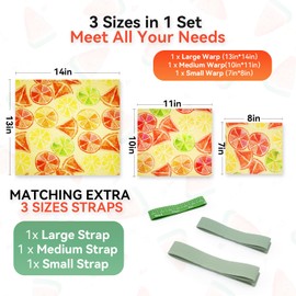 Beeswax Food Wraps Reusable 6-Pack – 3 Sizes + 3 Elastic Sealing Straps | Zero Waste Sustainable Food Storage for Sandwiches, Bowls, Mason Jars | Reusable Safe Cotton Bowl Covers Set
