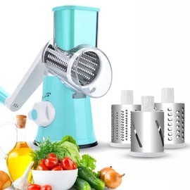 FITNATE Rotary Cheese Grater Hand Crank Stainless Steel Fruit Vegetable Shredder Dicer Cheese Cutter with 3 Changeable Stainless Steel Rotary Blades Drums - Blue (Hand Crank Slicer)