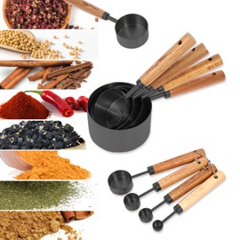 Measuring Cups and Spoons Set with Fragrant Wood Handles, 8 Piece Measuring Spoons and Measuring Cups Set,Precision Measuring Cup Set for the Kitchen Enthusiast(Black)