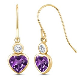 Gem Stone King 14K Yellow Gold Dangle Earrings Set with Heart Shape Purple Amethyst and Moissanite (1.04 Cttw)