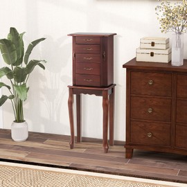 CHARMAID Standing Jewelry Organizer Cabinet with 4 Drawers, Top Storage Tray with Ring Slots, 2 Side Doors with Necklace Hooks, Vintage Jewelry Armoire Chest with Flip Top Mirror, Cherry Brown