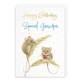 Hunts England - Harvest Mice Grandpa Gold Foil Birthday Card For Him - A5 Size - Mouse On Wheat, Colourful Nature Design - Happy Birthday Card For Men - Milo's Gallery