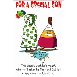 Funny Christmas Card For A Special Son - Apple Mac Mistaken For Raincoat with Apple Print