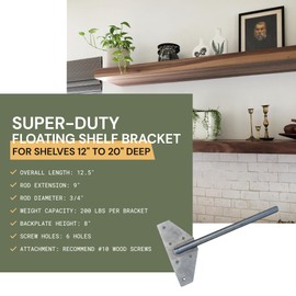 Walnut Wood Works Strongest Floating Shelf Bracket, 200 LB Weight Capacity, Supports Wall Mounted Floating Shelves of Any Length, 3/4 Inch Industrial Steel Support Rods