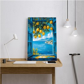 Vibrant vintage window canvas painting frame lemon tree branches with yellow fruits turquoise ocean waves white village red roofs in the distance scattered clouds coastal scenery tranquil home decor