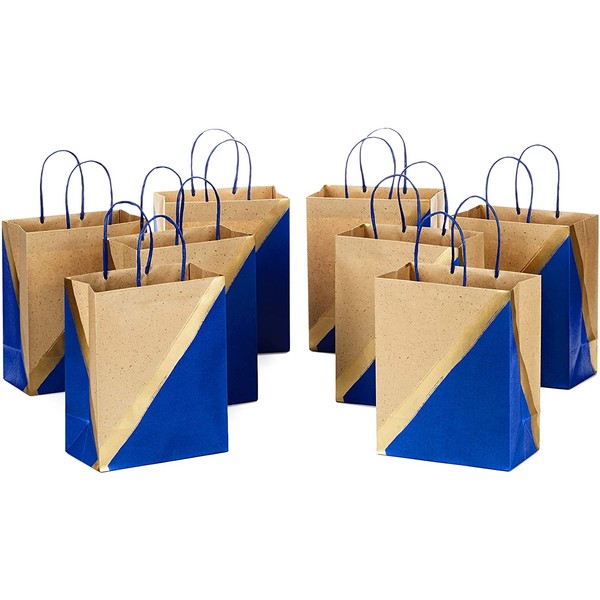Hallmark 9" Medium Paper Gift Bags (Pack of 8 - Blue & Kraft) for Hanukkah, Birthdays, Weddings, Father's Day, Graduations, Baby Showers, Bridal Showers, Care Packages, May Day