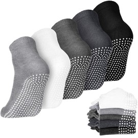 Geyoga 5 Pairs Unisex Non Slip Socks Anti Skid Slipper Barre Socks for Yoga Pilates Barre Home Workout(S,Black, Light Gray, Dark Gray, Iron Gray, White)