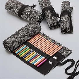 DIYOMR DIYOMR 12/24/36/72 Slots Pencil Wrap Roll, Artist Colored Roll Up Bag, Short Brushes Pouch Case Organizer for Drawing Coloring and Sketching, No Pencils (Black Leaves, 12slots)