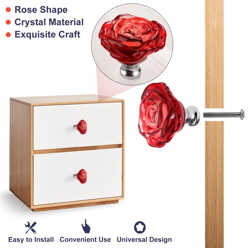 Yetaha Red Glass Dresser Knobs, 5PCS Rose Crystal Drawer Handles