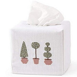 Tissue Box Cover, Linen/Cotton - Three Topiary Trees (Olive)